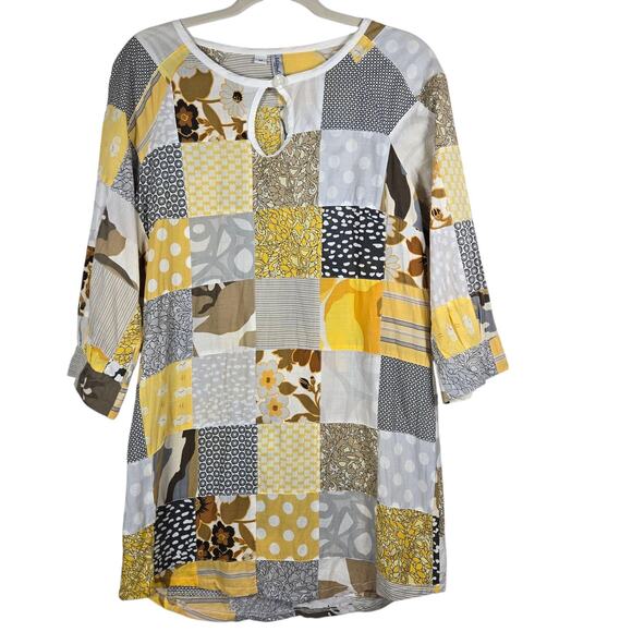 National Picnic Dress Womens Medium Yellow Patchwork 3/4 Sleeve Made in USA - Picture 1 of 11